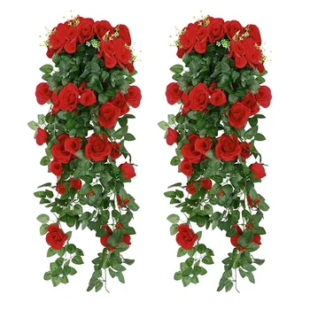 

Artificial Rose Fake Flowers Hanging Plant Wall Home Balcony Basket Decor Pack of 2