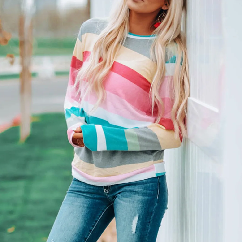 Hoodies Women Autumn 2019 rainbow Patchwork o-neck Harajuku Streetwear Hoodie Hoodies And Sweatshirts Women Pullovers Clothes