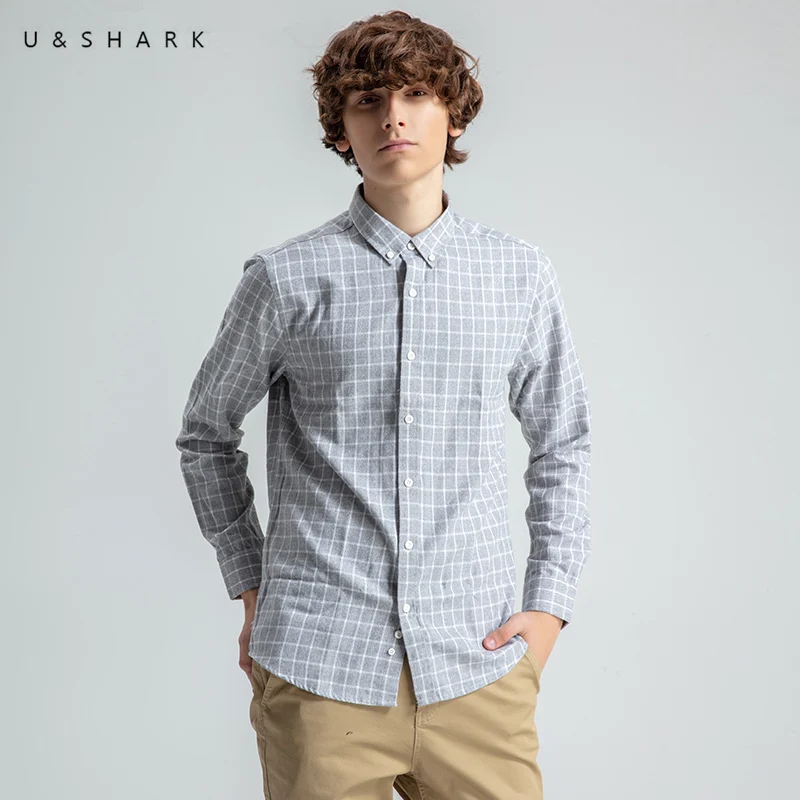 U&SHARK Grey Plaid Shirts for Men Vintage Flannel Checkered Shirt Long Sleeve Button down Collar 
