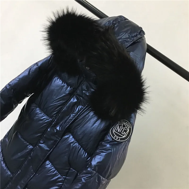 High Quality New Winter Jacket Women Warm Thicken Hooded With Fur Long Coat Shining Fabric Stylish Female Parka - Цвет: Navy