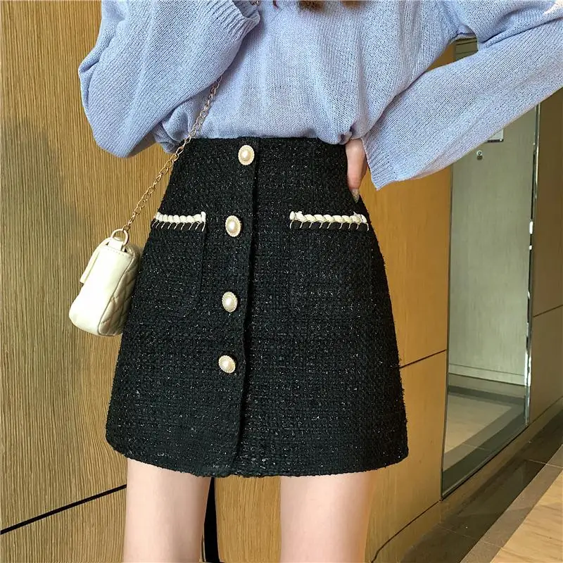 vintage elegante tweed mini saias femininas cintura alta lápis saia com zíper outono linha urdidura saias preto branco xadrez pérolas