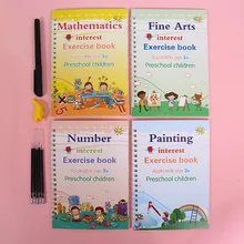 4 livros/conjunto de livros mágicos para crianças livro de caligrafia 3d reutilizável em inglês número alfabeto livro mágico prática copybook