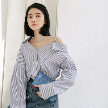 

2020 Blouse Women loose and versatile small sexy side off shoulder sling personality Top Female slash neck Pinstripe Shirt