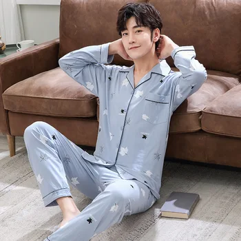 

Pajamas Pure Cotton Men Long Sleeve Trousers Cardigan Fold-Down Collar Youth Middle-Aged Loose Tracksuit Spring And Autumn S Hom