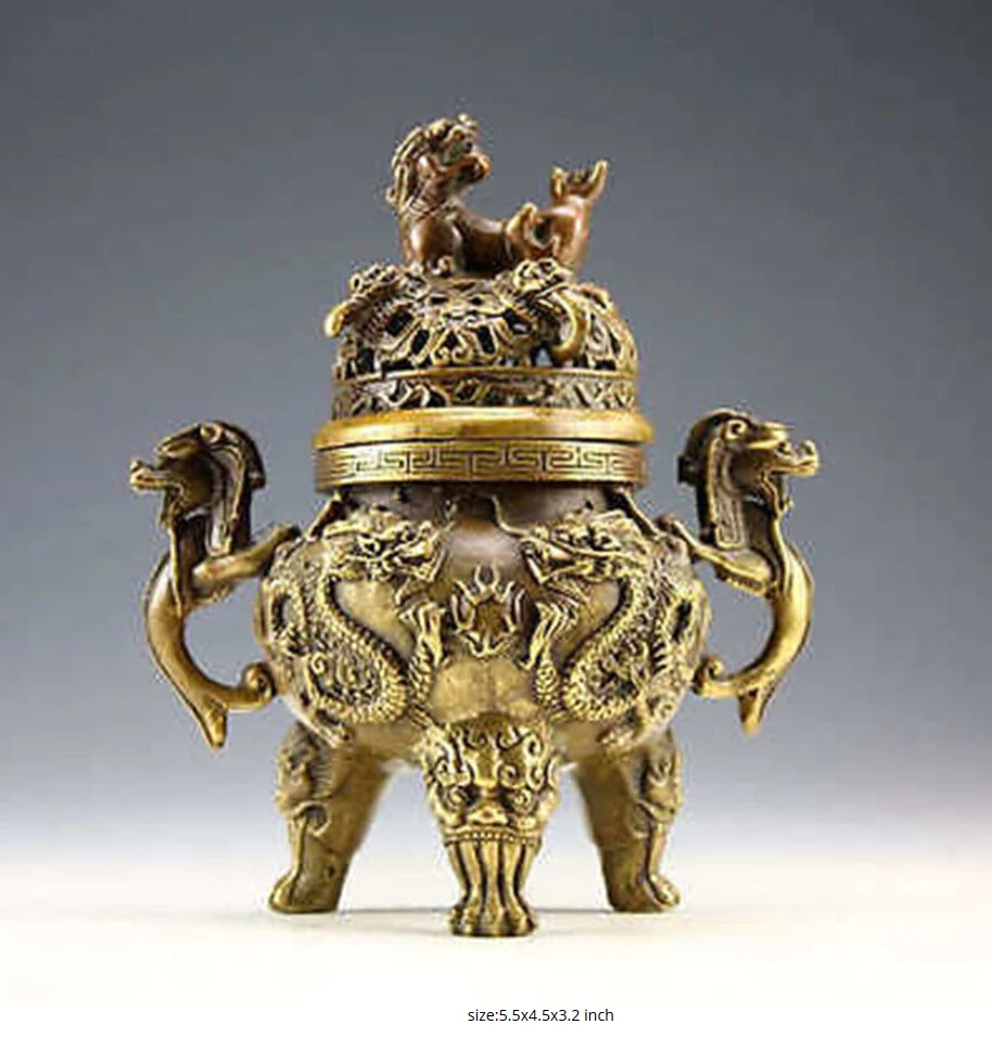 

Free shipping China Rare Copper Dragon Tiger Incense Burner