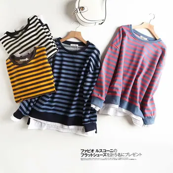 

Womeng Longsleeve Stripe False Two Piece Pullover Sweatshirt 2020 Spring Female O Neck Outwear Hoodies