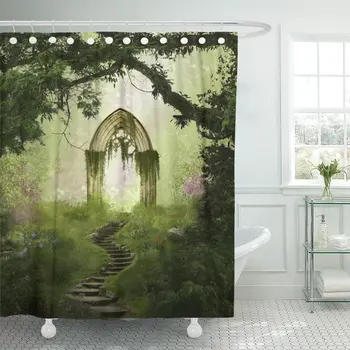 

Magic Fantasy Antique Gate and Stair in Beautiful Forest Shower Curtain Waterproof Polyester Fabric 72 x 78 Inches Set with Hook