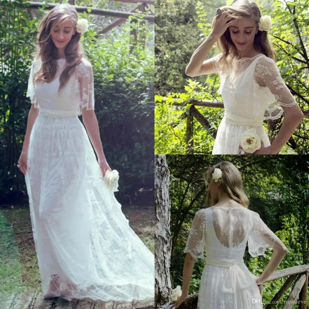 Fashion Wedding Dresses Jewel Half Sleeves Lace Appliques Bohemia Garden Bridal Gowns Boho A Line Beach Wedding Dress Customized - 2
