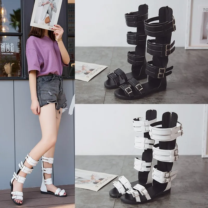 

Summer Women Flats Shoes Woman Sandals Open Toe Leather Gladiator Sandals Mid-calf Hollow Out Party Nightclub Women Sandalias