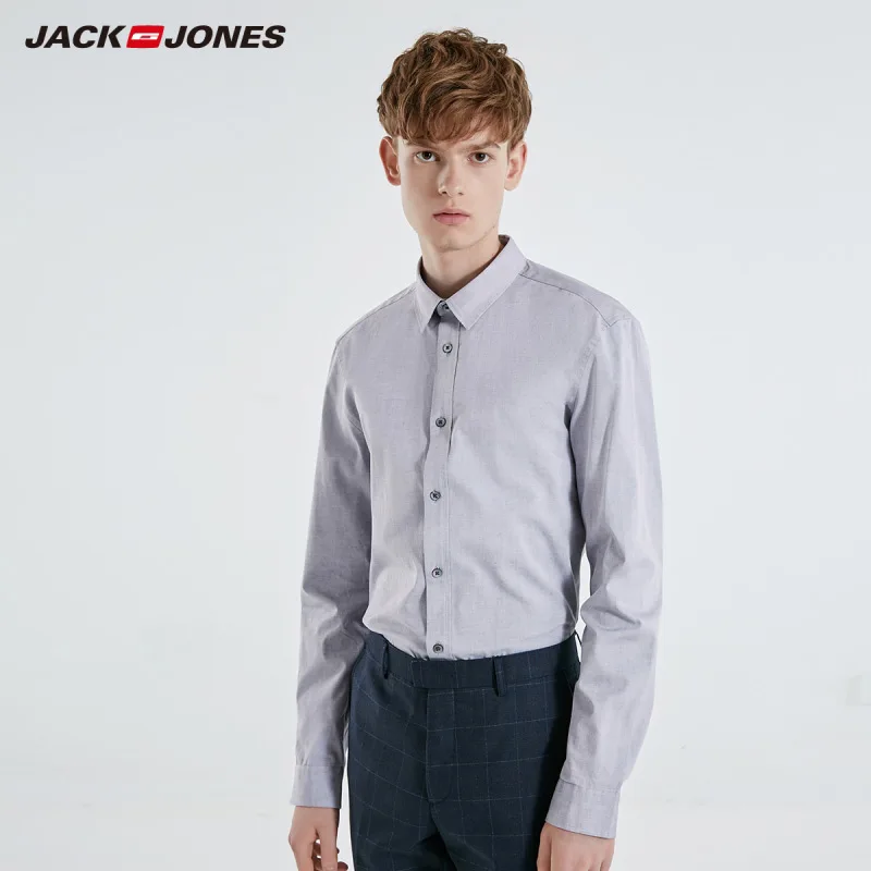 JackJones Мужская однотонная хлопковая рубашка с длинными рукавами деловая повседневная мужская одежда 219105505 - Цвет: MID GREY MELANGE