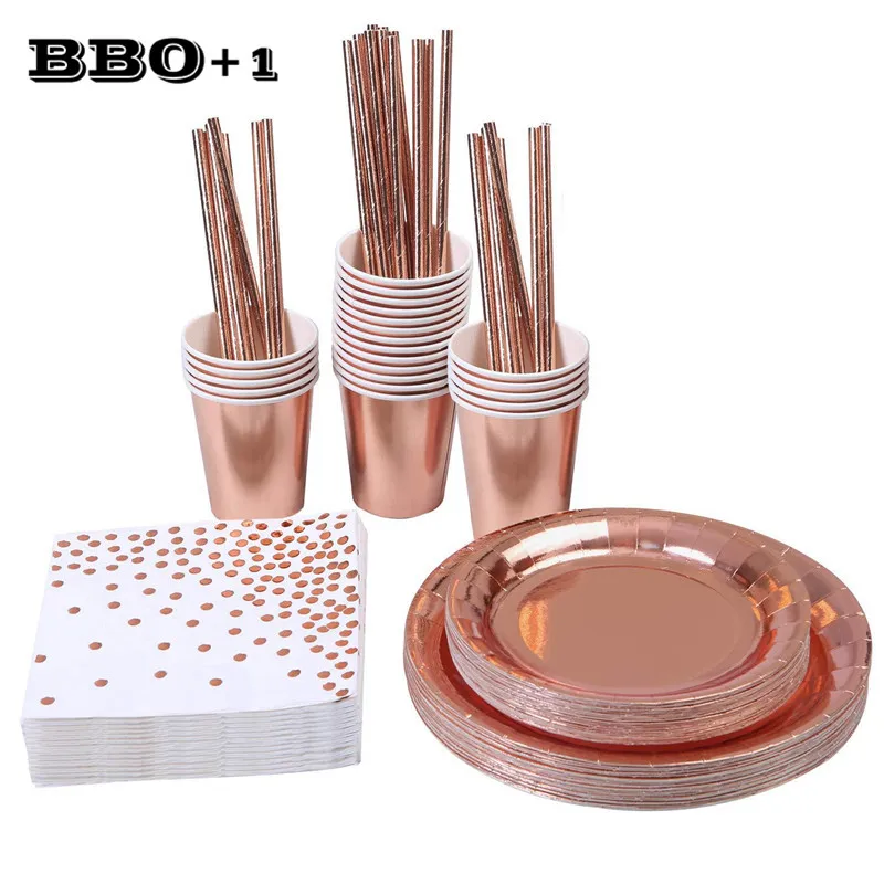 

146pcs Rose Gold Cutlery Disposable Party Tableware Foil Paper Plates Napkins Cups Straws Suitable For Wedding Birthday Supplies