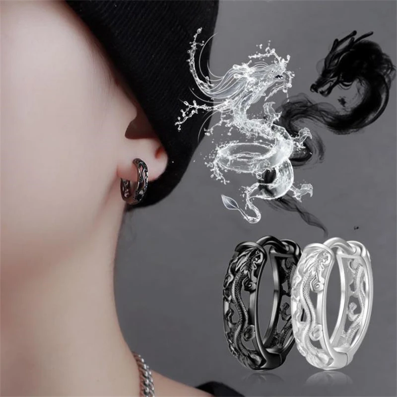 KOFSAC New Vintage Punk Creative Hollow Black Gold Dragon Hoops Jewelry 925 Sterling Silver Earrings For Men Party Accessories