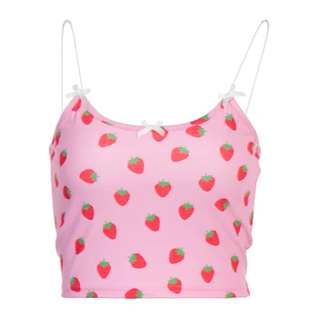 

2020 Fashion Trend Women Ladies Sweet Strawberry Print Bow Summer Crop Tops Casual Pink Beach Holiday Tanks Sun-tops Camisole