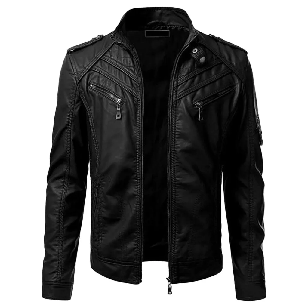 Мужская винтажная куртка Европейская и американская кожаная куртка Байкерская одноцветная мотоциклетная куртка на молнии пальто с длинным рукавом Топ Блузки
