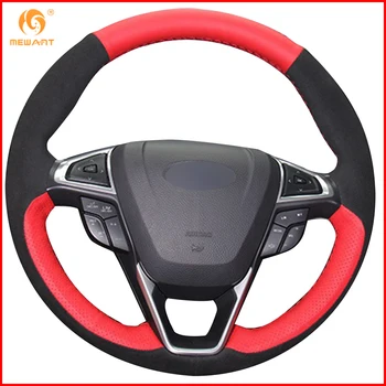 

MEWANT Red Genuine Leather Black Suede Car Steering Wheel Cover for Ford Mondeo Fusion 2013-2019 EDGE 2015-2019 Accessories