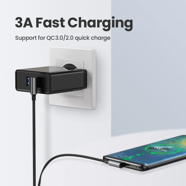 90° 어댑터와 빠른 충전 기능이 장착된 UGREEN USB-C 고속 충전 케이블