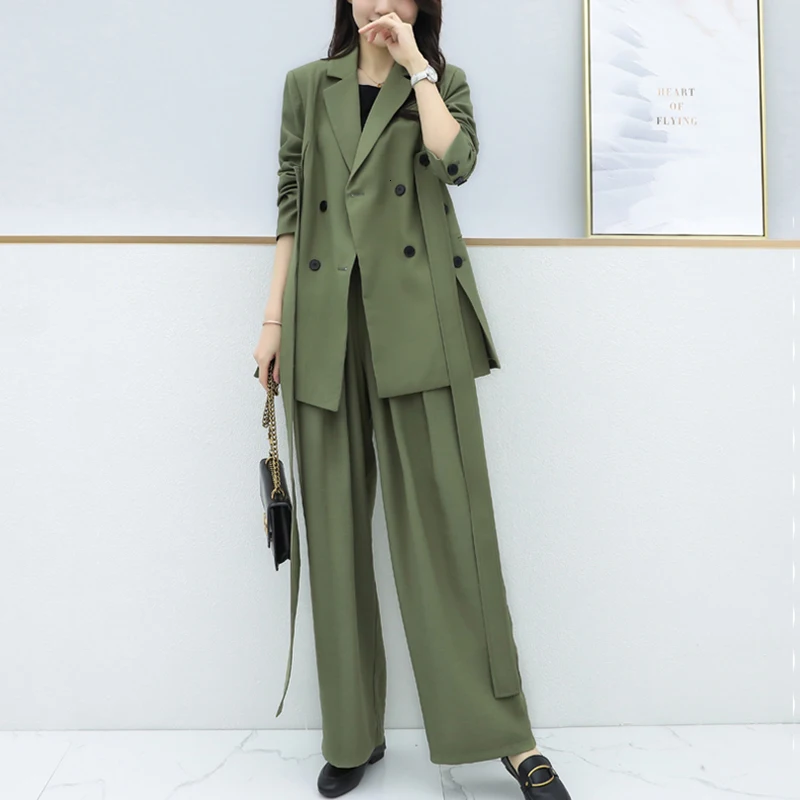 [EAM] весенний зеленый свободный бандаж на пуговицах с отворотом и длинным рукавом, широкие штаны, костюм из двух предметов, женская мода, JY432