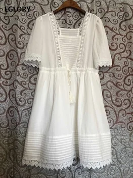 

Bohemian Beach Dress 2020 Summer Women Sexy Square Collar Crochet Lace Patchwork Drawstring Waist Casual White Dress Above Knee