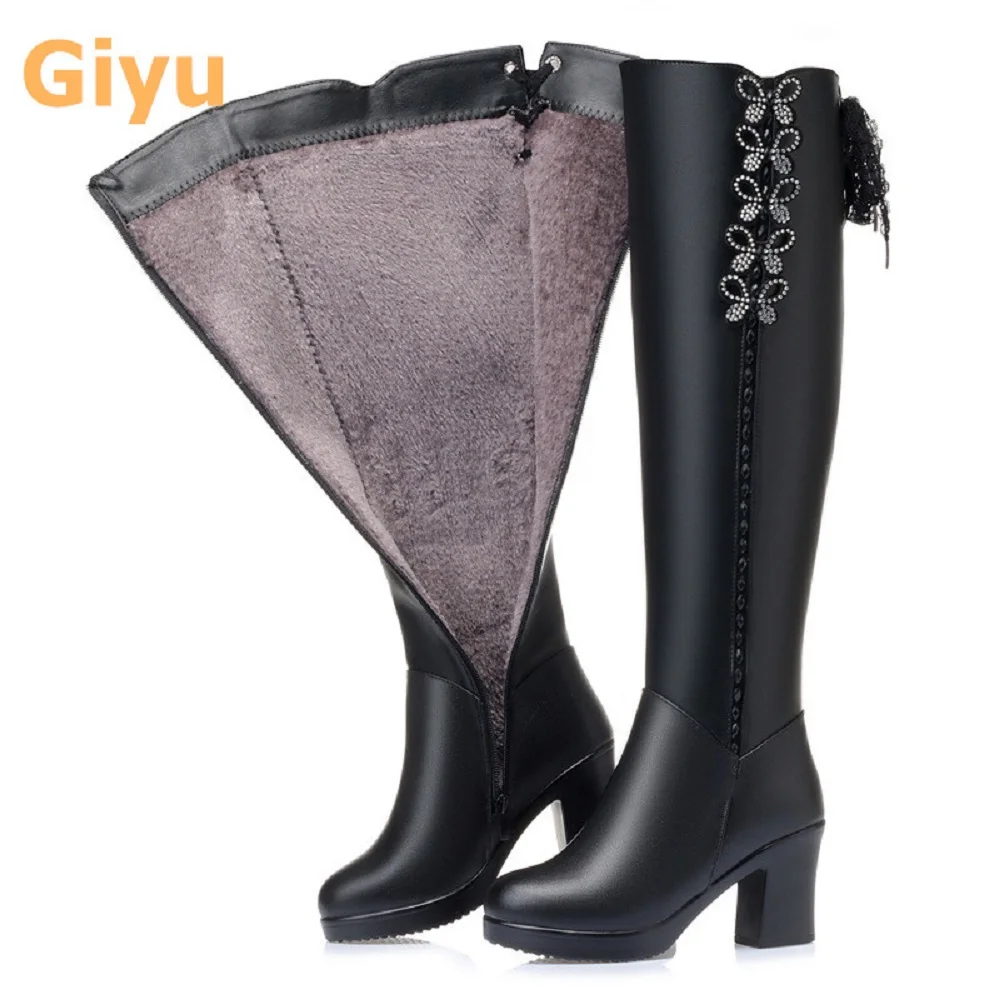 

Giyu 2020 new Genuine Leather Women's boots Wool warm winter boots Over the knee boots Female High heels shoes Knight boots