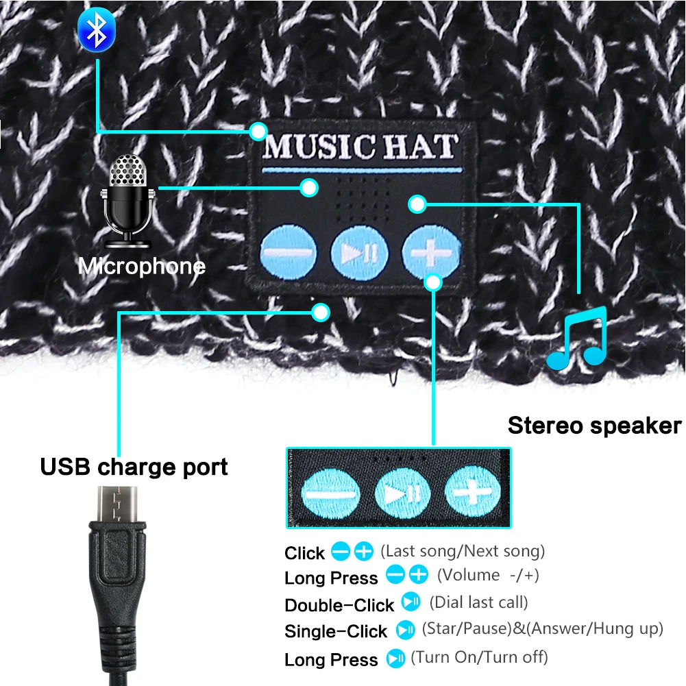 Зимний теплый USB Перезаряжаемый Bluetooth Головной убор умный спортивный звонок эластичный Вязание музыка Универсальный беспроводной микрофон Мода