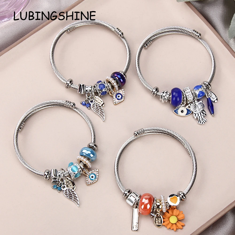 Women Stainless Steel Evil Eye Flower Charms Bracelets Wire Cable