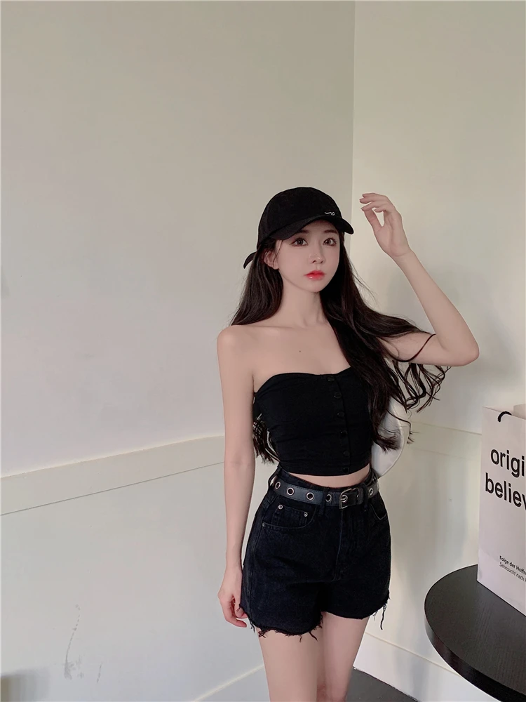 Chinese summer new style personality black short hair edge wide leg show thin jeans A-line pants with belt shorts women