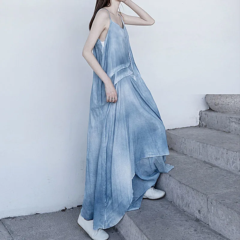 NINI WONDERLAND 2021 Women Pleated Dye Tie Cotton Vintage Dress Summer Spaghetti Strap Irregular Maxi Long Beach Dresses | Женская