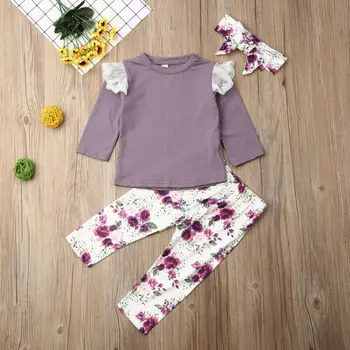 

1-4years Toddler Baby Girls Clothing Set Purple Lace T-Shirt Girls Tops Floral Long Pants Hairbands Children Outfits Infant Set