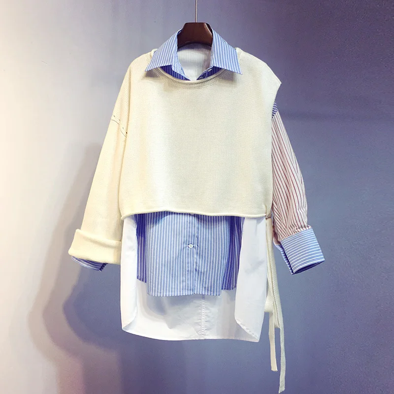 

LANMREM Contrast Color Stitching Stripe Long Sleeve Loose Plus Woman Shirt Casual Wild Simple Fashion 2019 Autumn New TV371