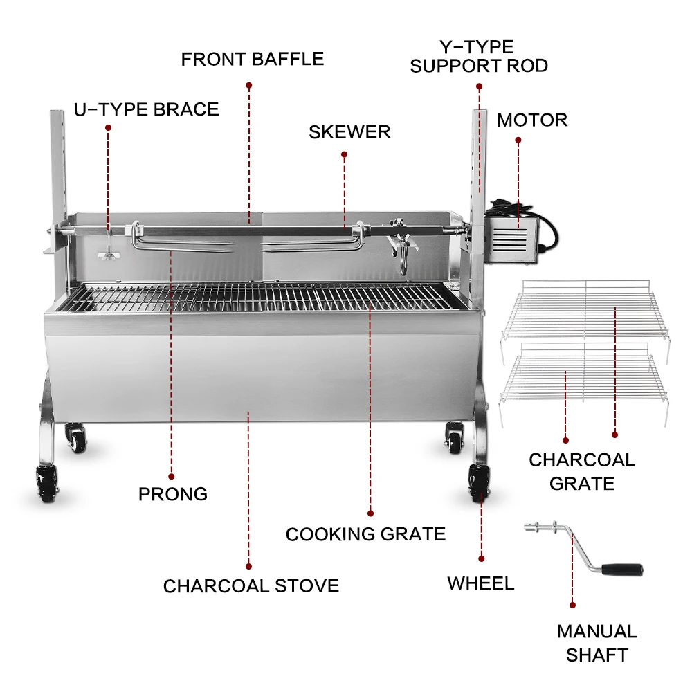 Отдельно стоящий гриль для барбекю, гриль на древесном угле, тележка для гриля, электрический ручной спиннинг, лампа на гриле, свинья, уличная стальная сковорода
