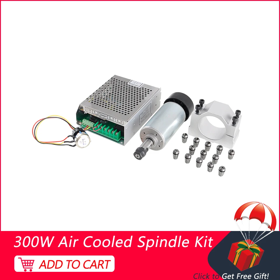 

300W CNC Spindle Motor ER11 Air Cooled Spindle Router Kit +Mach3 Power Supply +52mm Clamp+13PCS ER11 Collet For Engraver Machine
