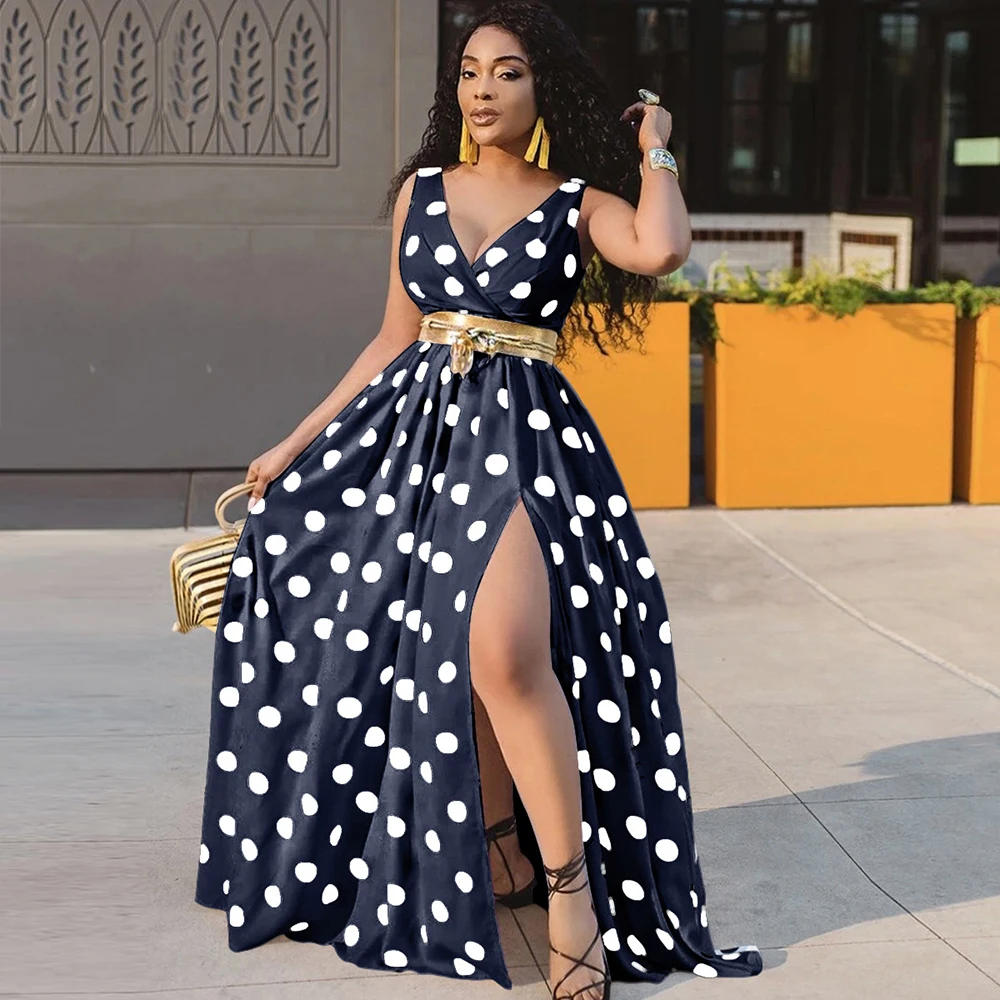 

MD Evening Dresses 2021 New African Sexy Dress For Women Deep V Neck Polk Dot Long Dress Plus Size Elegant Split Gown Party Robe