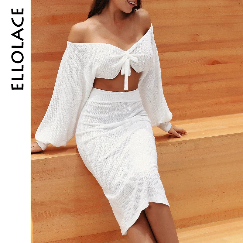 

Ellolace Deep V Knitted 2 Two Piece Suit Women Long Sleeve Bow Coat and Skirt Sets White Casual Auyumn White Matching Outfits