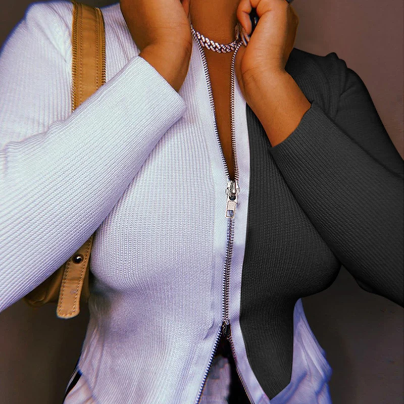 IAMSURE Autumn Streetwear Long Sleeve Women Zipper Up Cardigan Blouses Contrast Color Patchwork y2k Female Slim Cropped Shirt