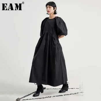 

[EAM] Women Black Three-dimensional Long Dress New Round Neck Half Puff Sleeve Loose Fit Fashion Tide Spring Summer 2020 1U606