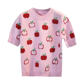

Brand 2020 New Summer Women Clothes Hand Embroidery Apple Jacquard Knit Short-sleeved Sweater Slim Round Neck Pink Pullover