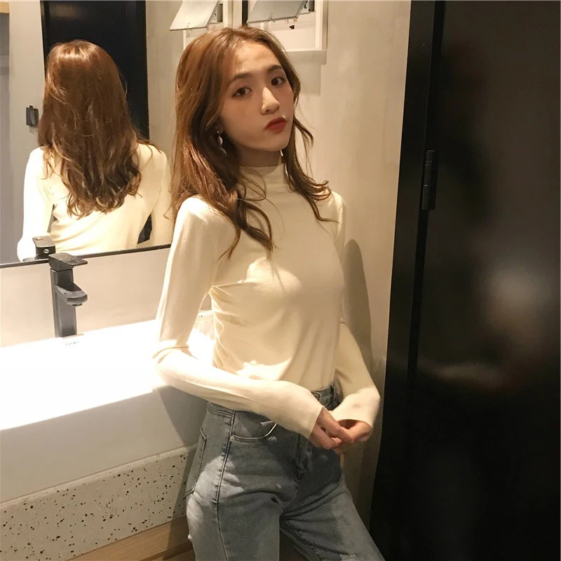 Turtleneck Base Shirt nv chun Autumn and Winter Korean-style Western Style Slim Fit Black Long Sleeved T-shirt Underwear | Женская
