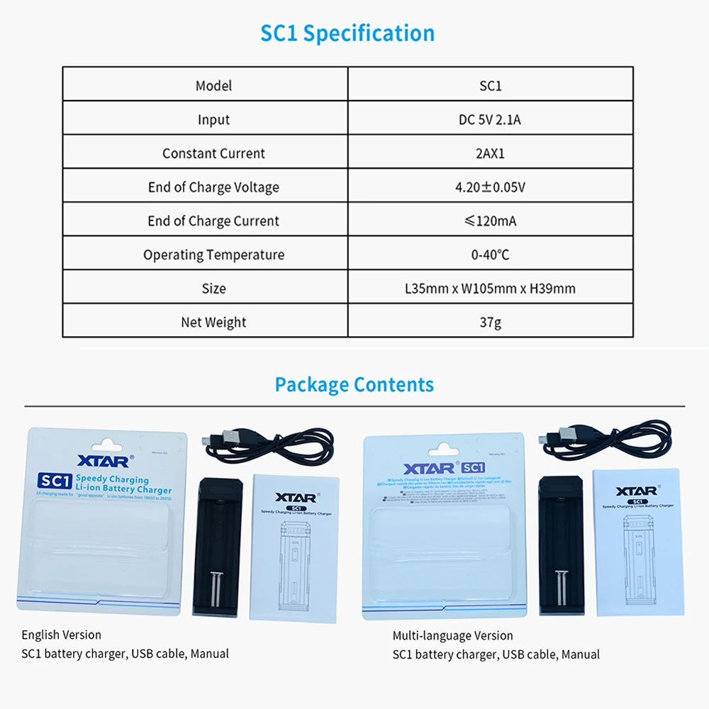 XTAR SC1 Батарея Зарядное устройство 2A быстро Зарядное устройство на 5V Мощность Перезаряжаемые 18700/22650/25500/26650/20700/21700/18650 Батарея Зарядное устройство