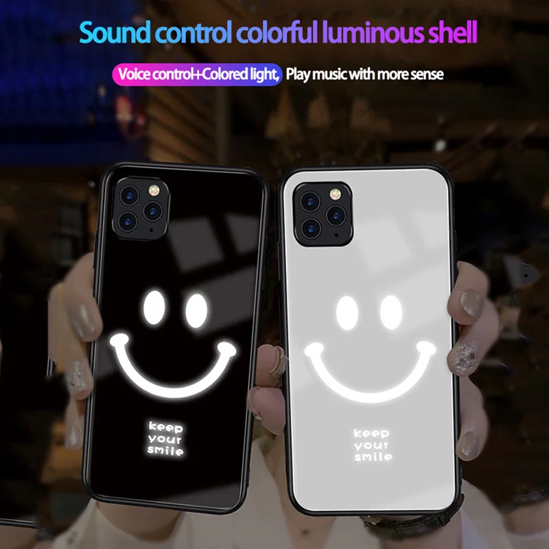 Voice-Activated Luminous Phone Case Music Flash For iPhone 12 Pro Max Shockproof Glass Protection Cover For Apple 8-11 Series