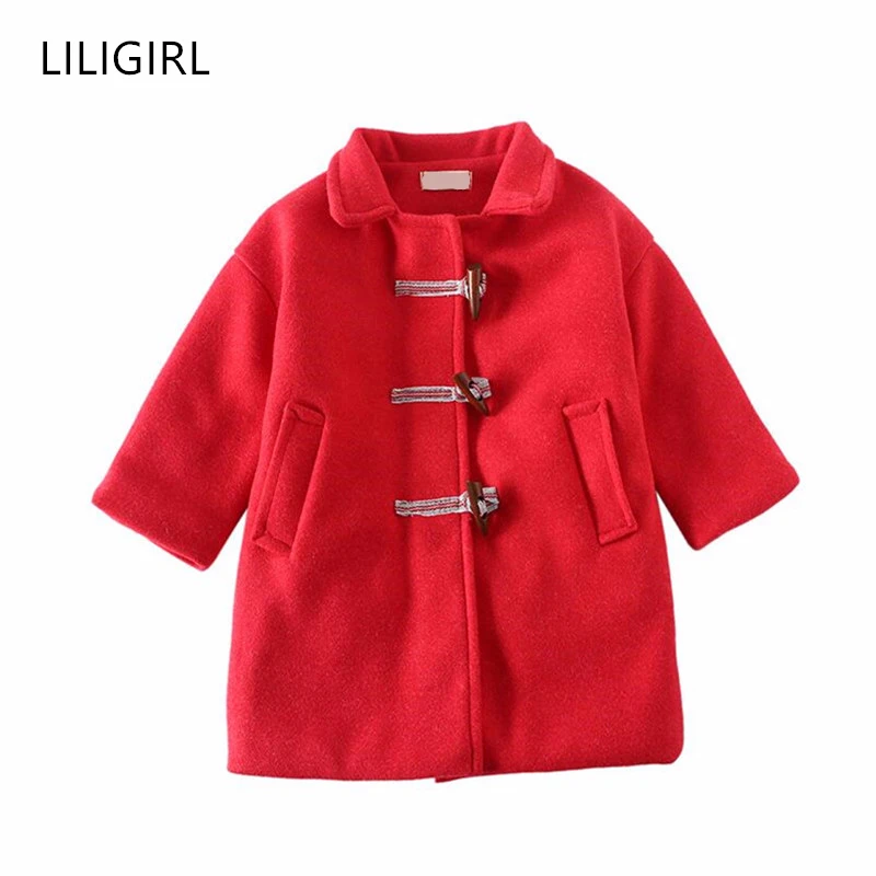 

LILIGIRL Brand Girls Woolen Coat for Children Red Clothes 2020 New Kids Cotton Long-Jacket Shofar Buckle Baby Tops Clothing 2-7Y