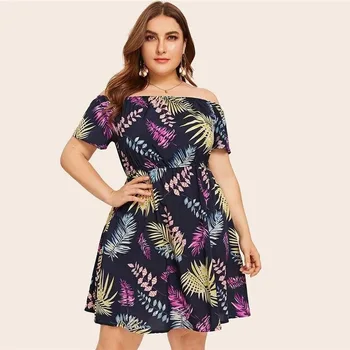 

2020 Europe and America Large Size Dress Hot Selling Horizontal Neck-off-Shoulder Printed Fashion Dress
