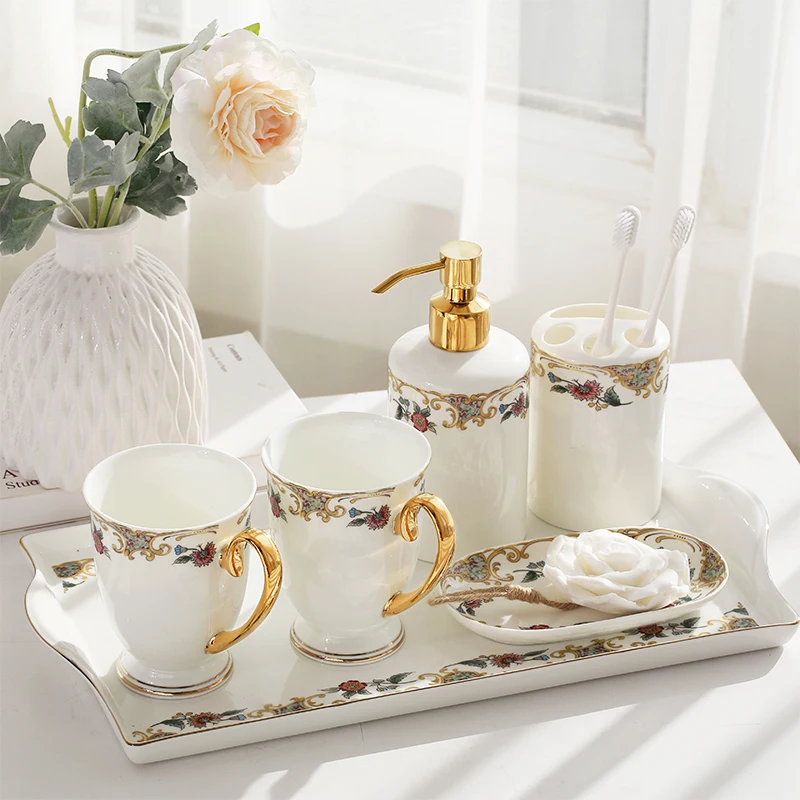 European Style Five-piece Bathroom Set Ceramics Household Bathroom Supplies Newly Married Bathrooms Mouth Cup Washing Set