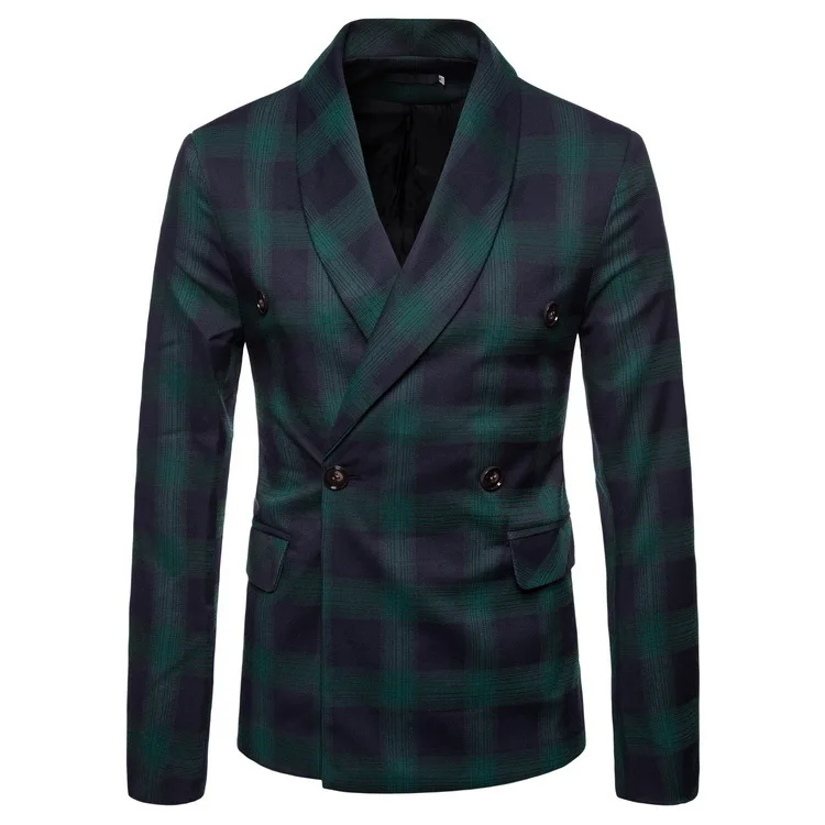 Spring and Autumn New Men's Double-breasted Slim Suit Large Size Casual Plaid Suit Jacket Men's Jacket Smart Casual suit jacket - Цвет: green