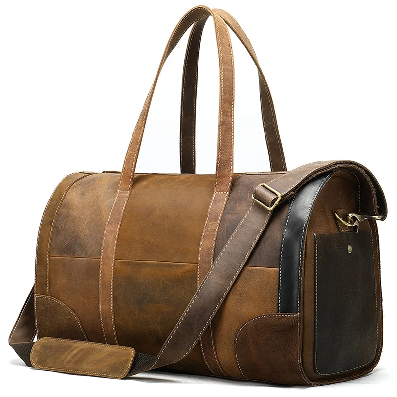 

Men's Leather Travel Bag Men's Weekend/Duffle Bag for Men's Retro Stitching Overnight Bag Arge Capacity Handbag