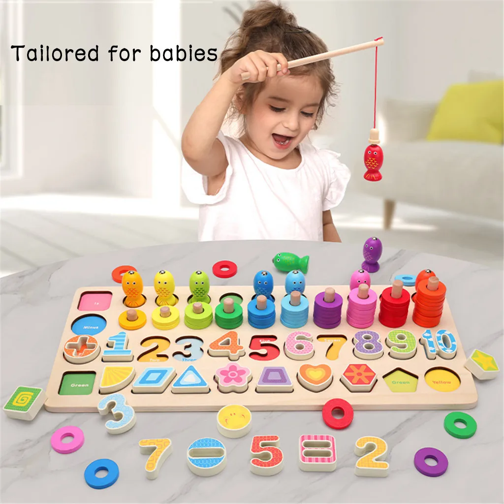  Children's Wooden Toys Digital Matching Fishing Board Toys Children's Montessori Toddlers Baby Educ