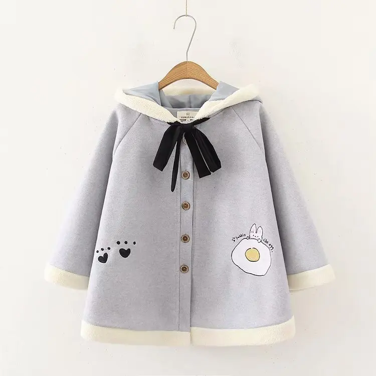 

Japanese-style Autumn And Winter Soft Girl Cute Rabbit Eared Hooded plus Velvet Warm Wool Woolen Cloth Cloak Coat Girl'S S29858