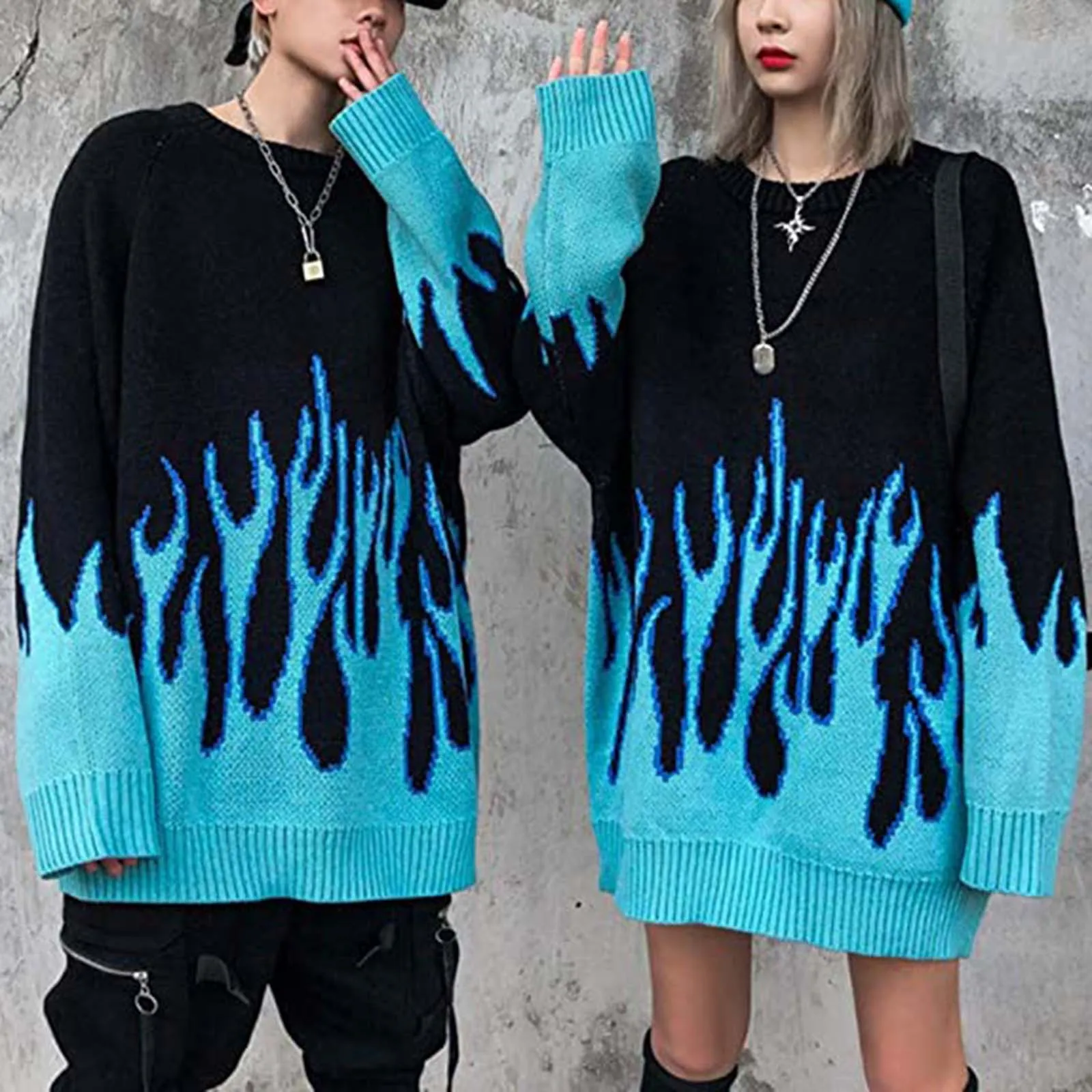Sudadera estilo Hip Hop para hombre y mujer, suéter de punto de gran tamaño con llama de fuego azul, ropa de calle Harajuku, Tops, suéter informal para parejas 2021