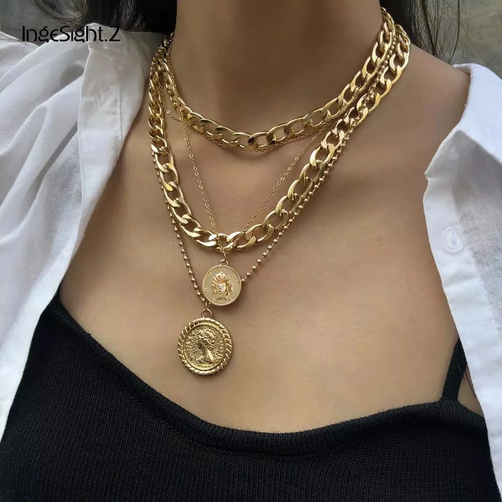 Pendant Necklace Jewelry Cuban Curb Multi-Layer Chunky Vintage Women Thick Ingesight.z