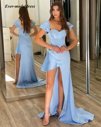Sky Blue Sweep Train Bridesmaid Dresses Satin Asymmetrical Design Birthday party evening Gowns Vestido De Dama De Honra 2021 New