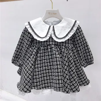 

Autumn and winter children's dress black plaid pattern lapel long sleeve dress princess plus velvet dress